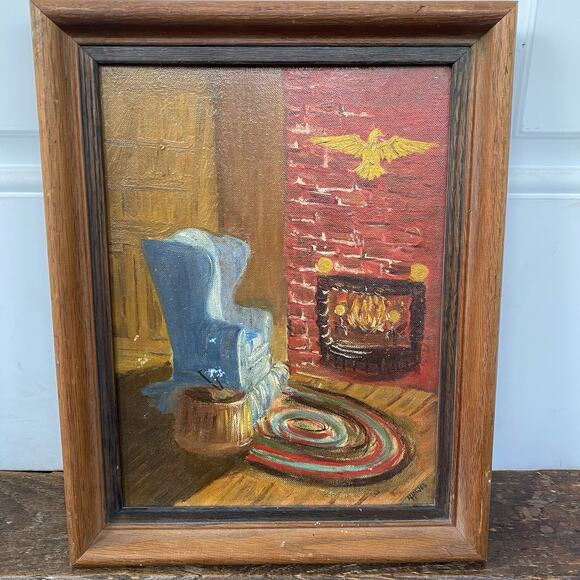 Other - VTG Original Oil Painting on Canvas Abstract Living Room Fireplace Signed Frame